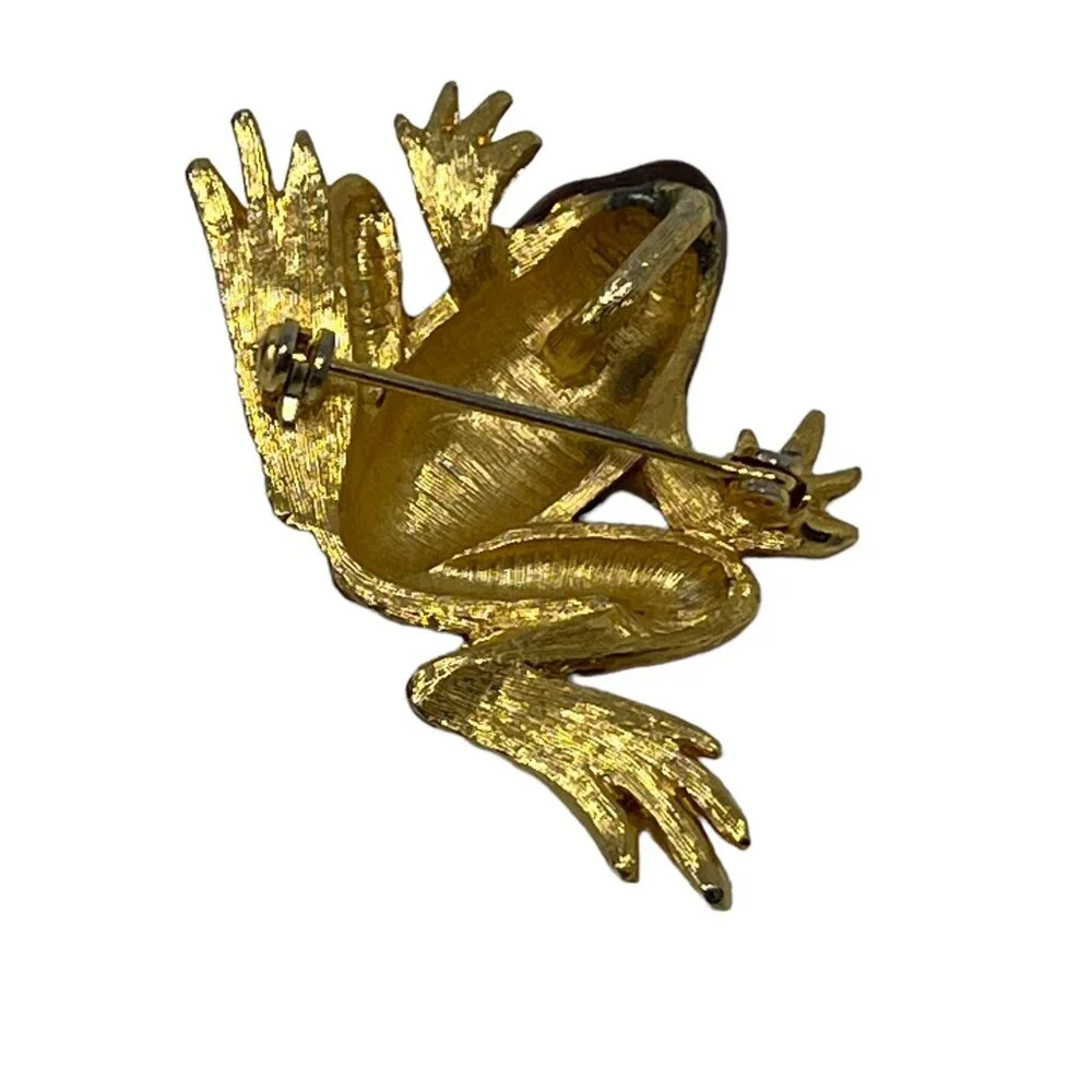 Frog Brooch Brown Enamel Pendant Green Yellow‎ Spots Gold Tone